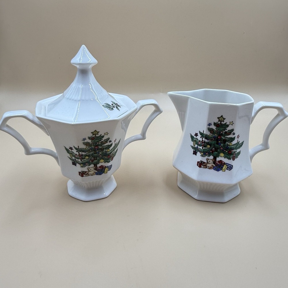 Nikko Christmastime Creamer and Sugar Bowl Set Octagon Christmas Tree Vintage